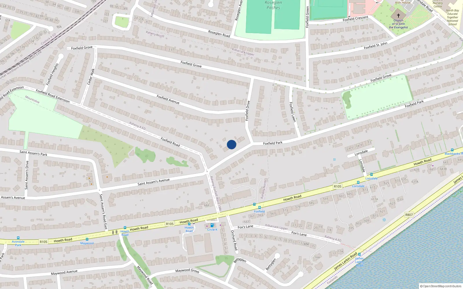 Overhead map showing the location of 5 Foxfield Park, Raheny, Dublin 5