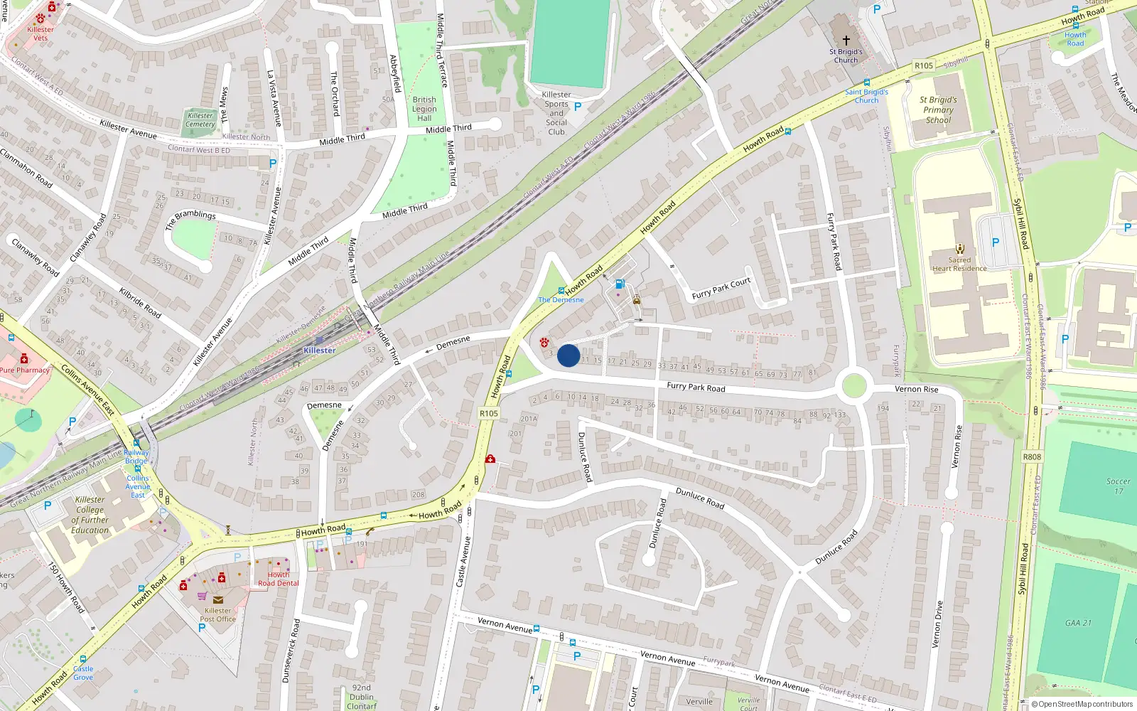 Overhead map showing the location of 5 Furry Park Road, Dublin 5