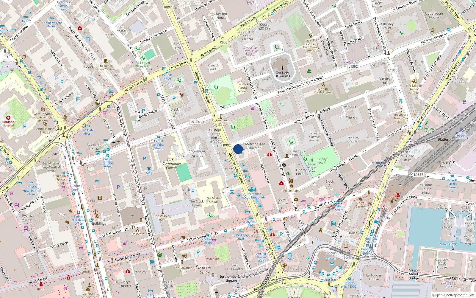 Overhead map showing the location of 5 Gandon Hall, Lower Gardiner St, Dublin 1