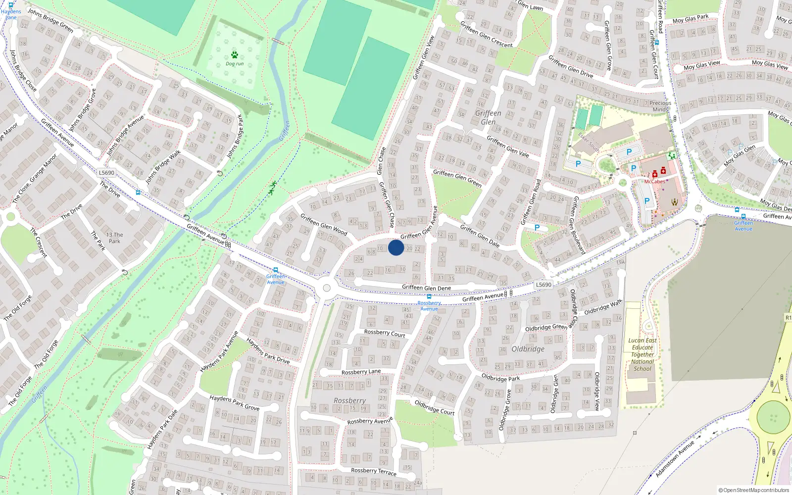 Overhead map showing the location of 5 Griffeen Glen Avenue, Lucan