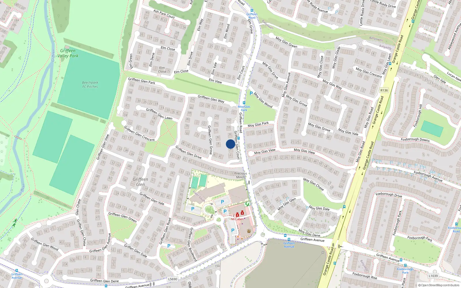 Overhead map showing the location of 5 Griffeen Glen Court, Griffeen Valley, Lucan