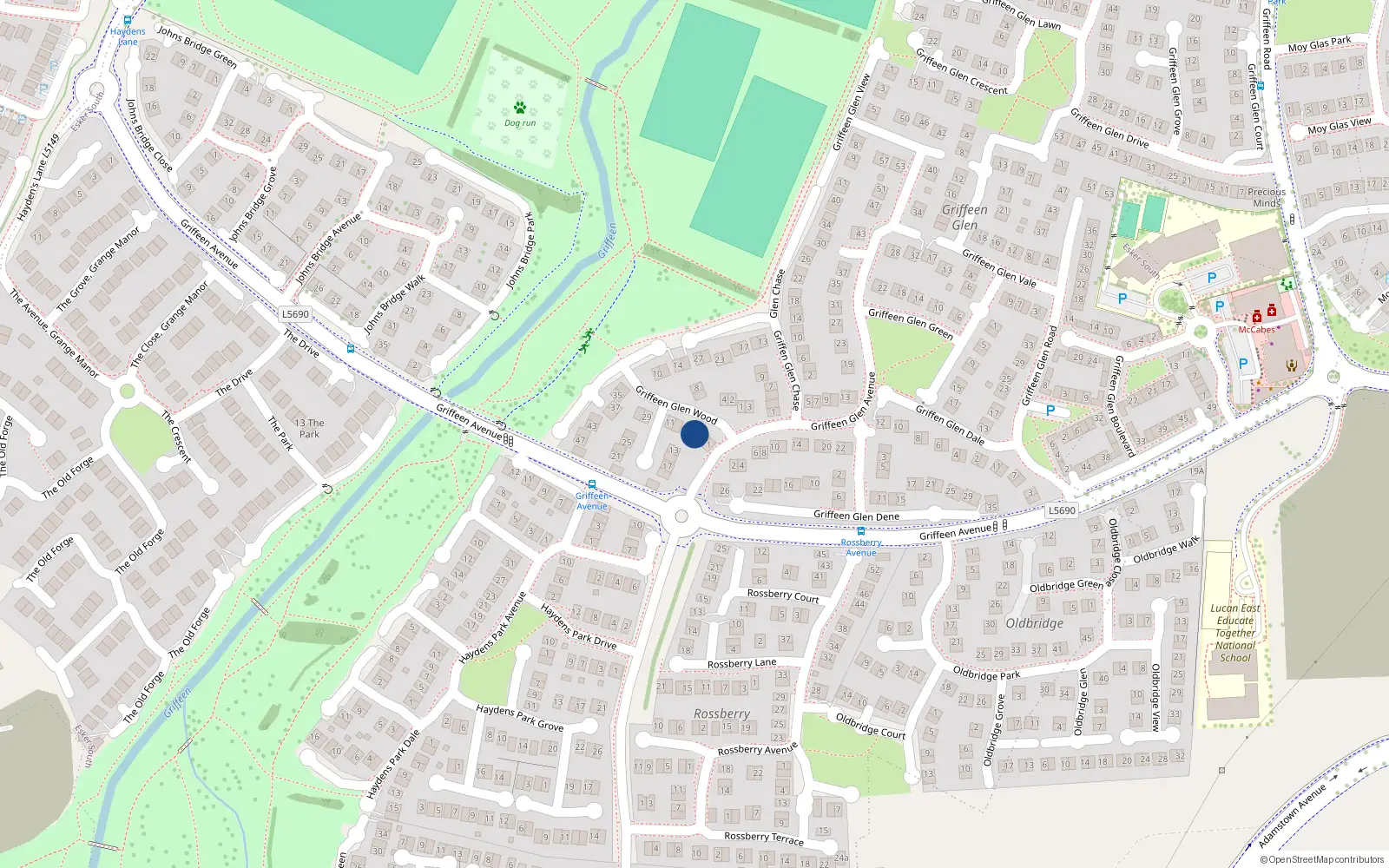 Overhead map showing the location of 5 Griffeen Glen Wood, Lucan, Dublin