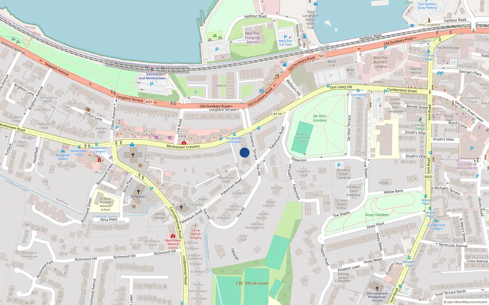Overhead map showing the location of 5 Grosvenor Terrace, Monkstown