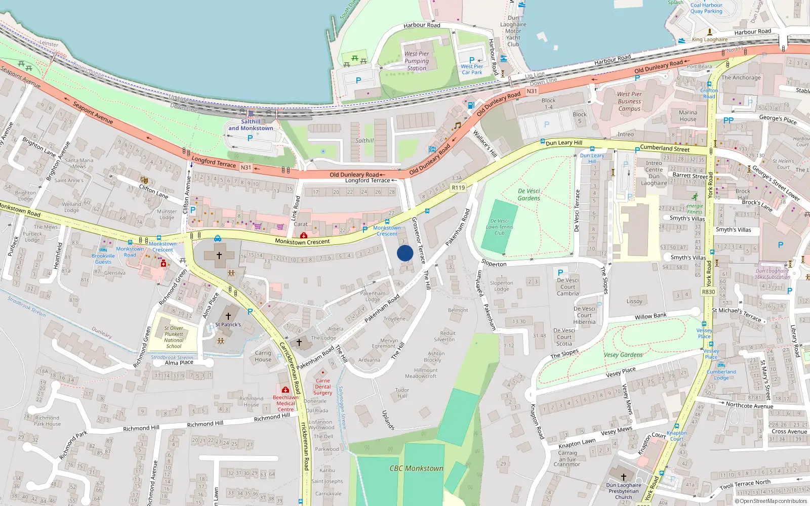 Overhead map showing the location of 5 Grosvenor Terrace, Monkstown, Co Dublin
