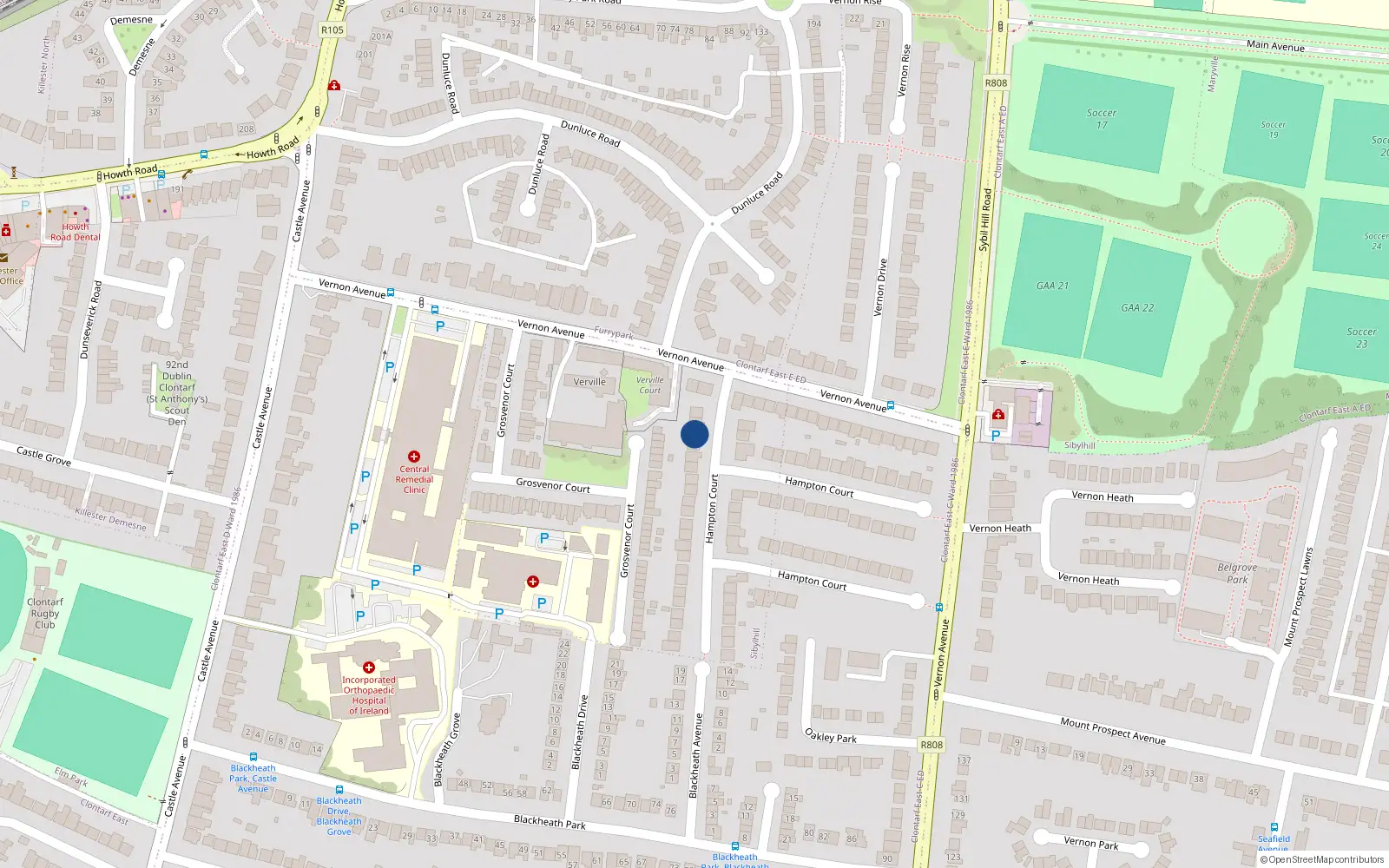 Overhead map showing the location of 5 Hampton Court, Dublin 3