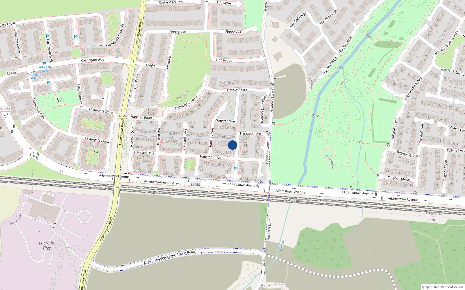 Overhead map showing the location of 5 Hansted Close, Lucan