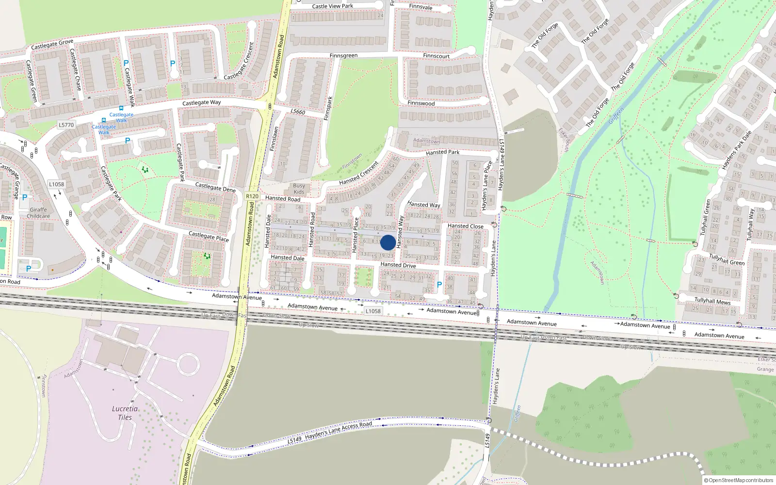 Overhead map showing the location of 5 Hansted Way, Finnstown, Lucan