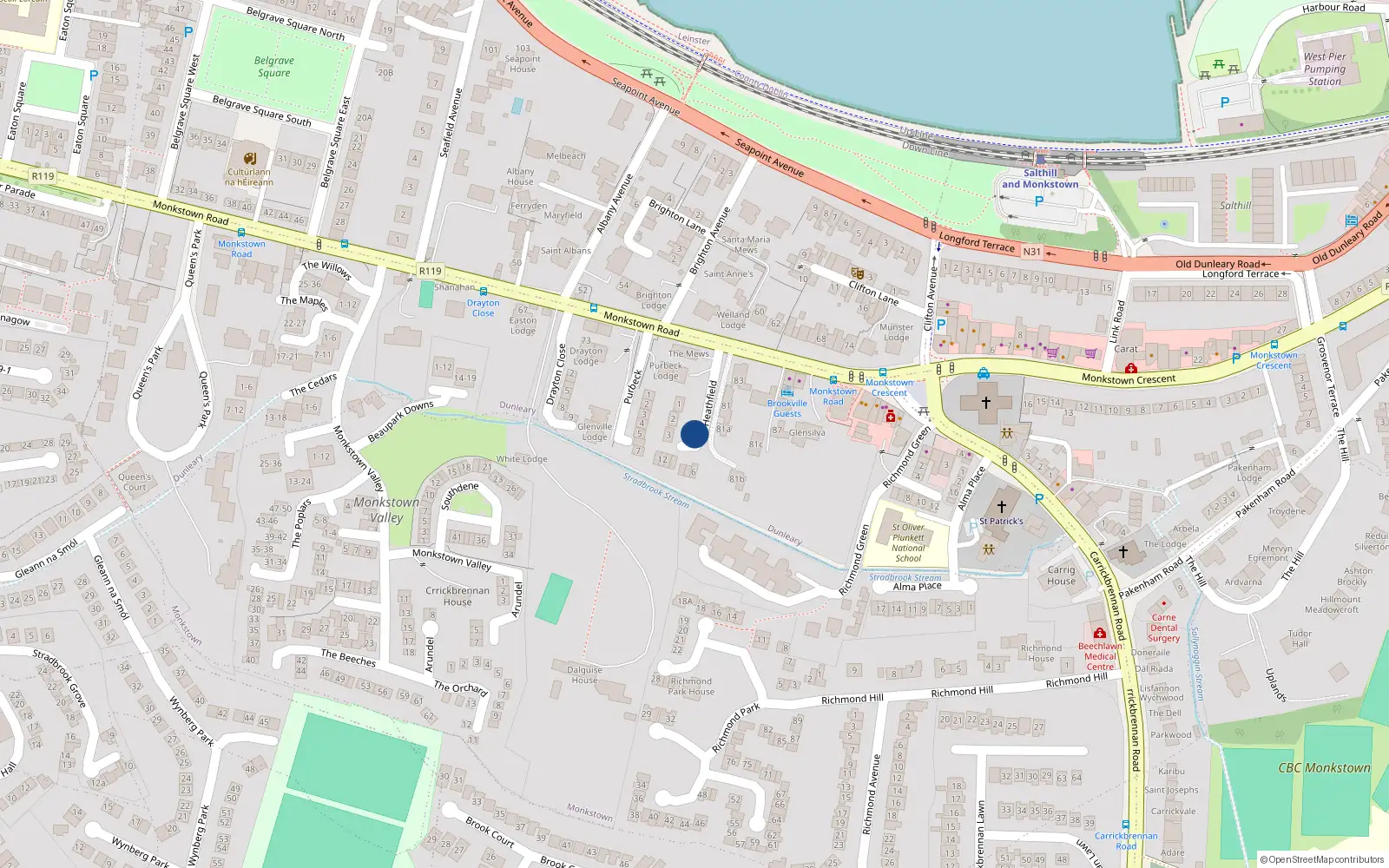 Overhead map showing the location of 5 Heathfield, Monkstown