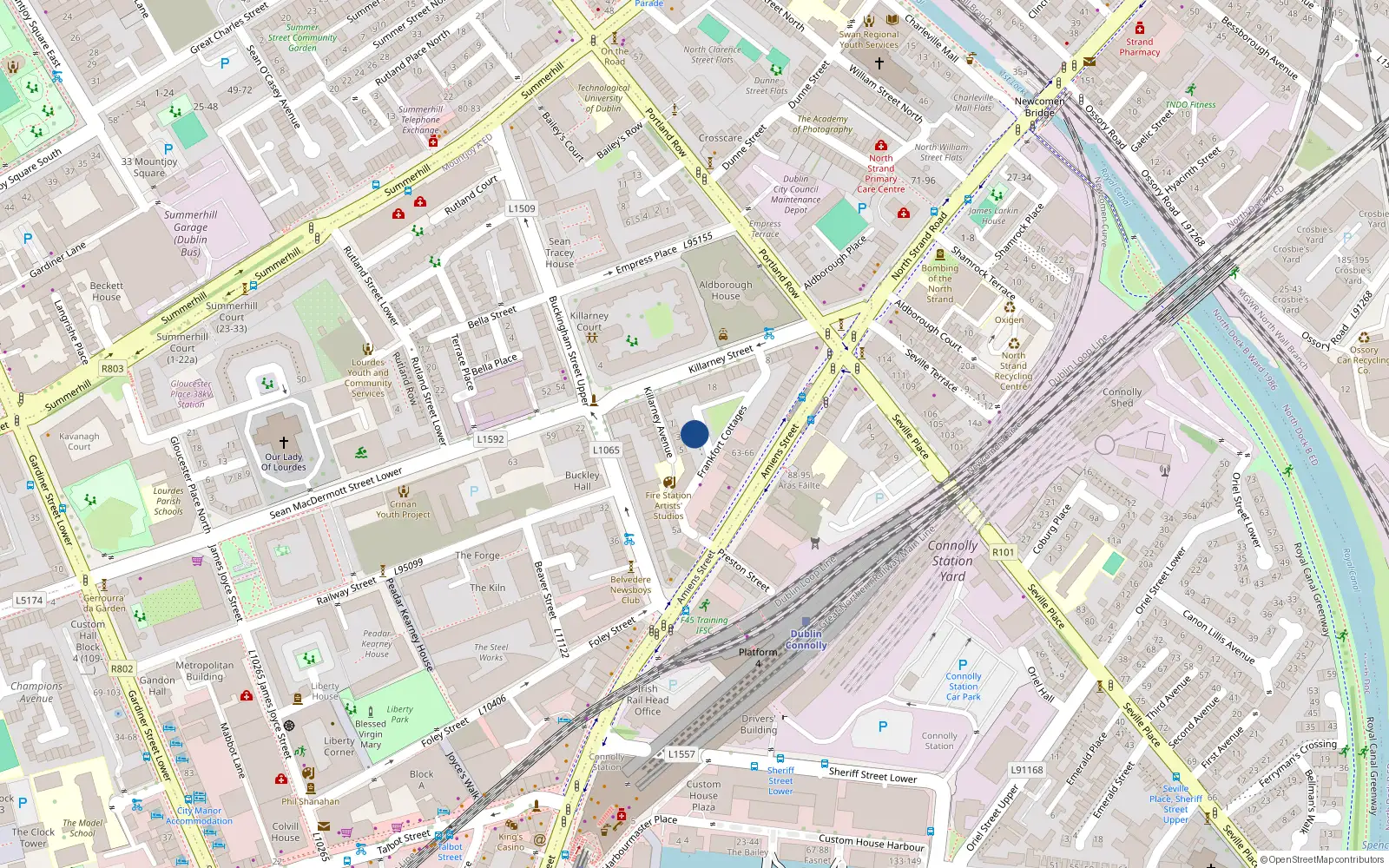 Overhead map showing the location of 5 Hewardine Terrace, Amiens St, Dublin 1
