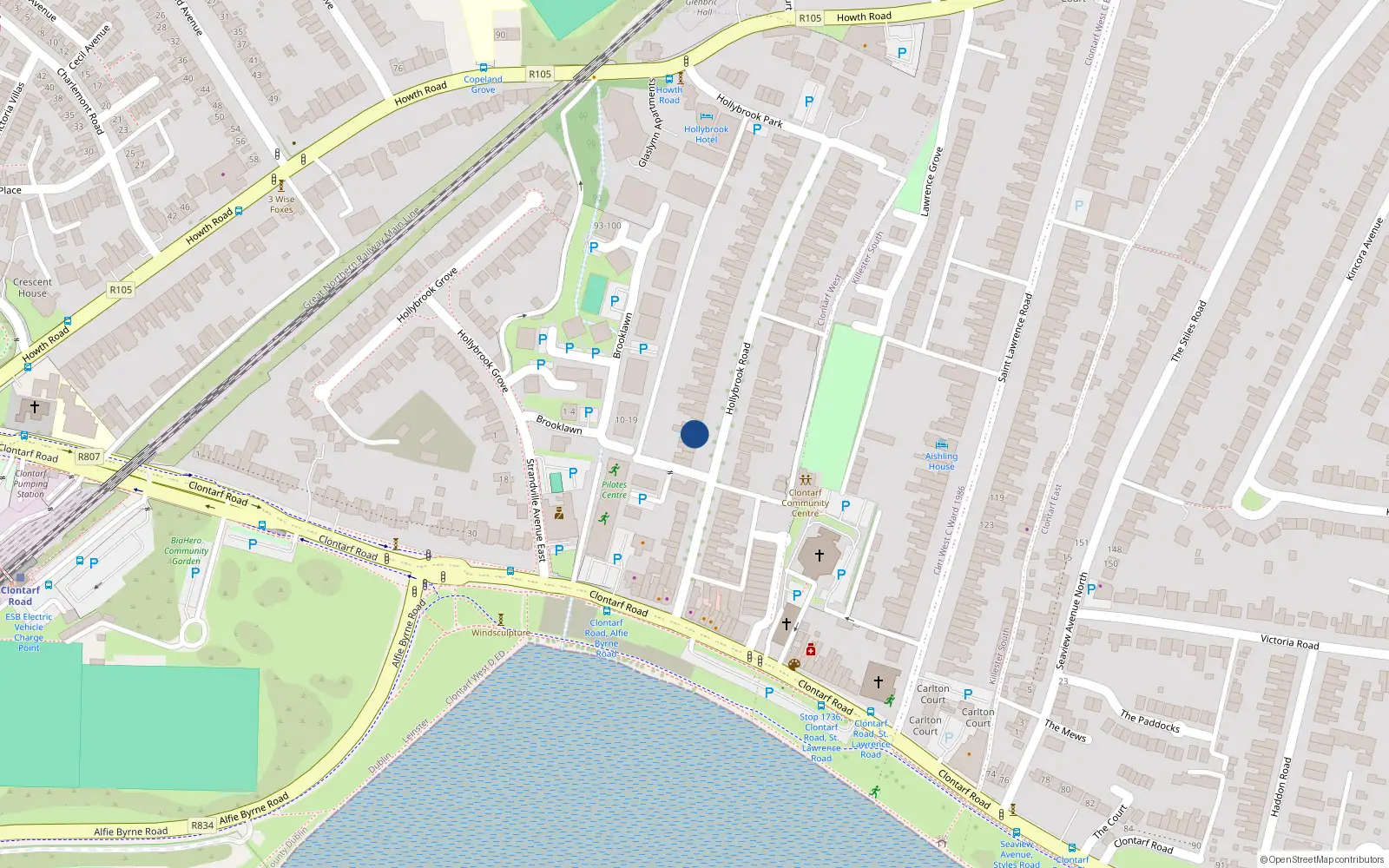 Overhead map showing the location of 5 Hollybrook Road, Clontarf, Dublin 3