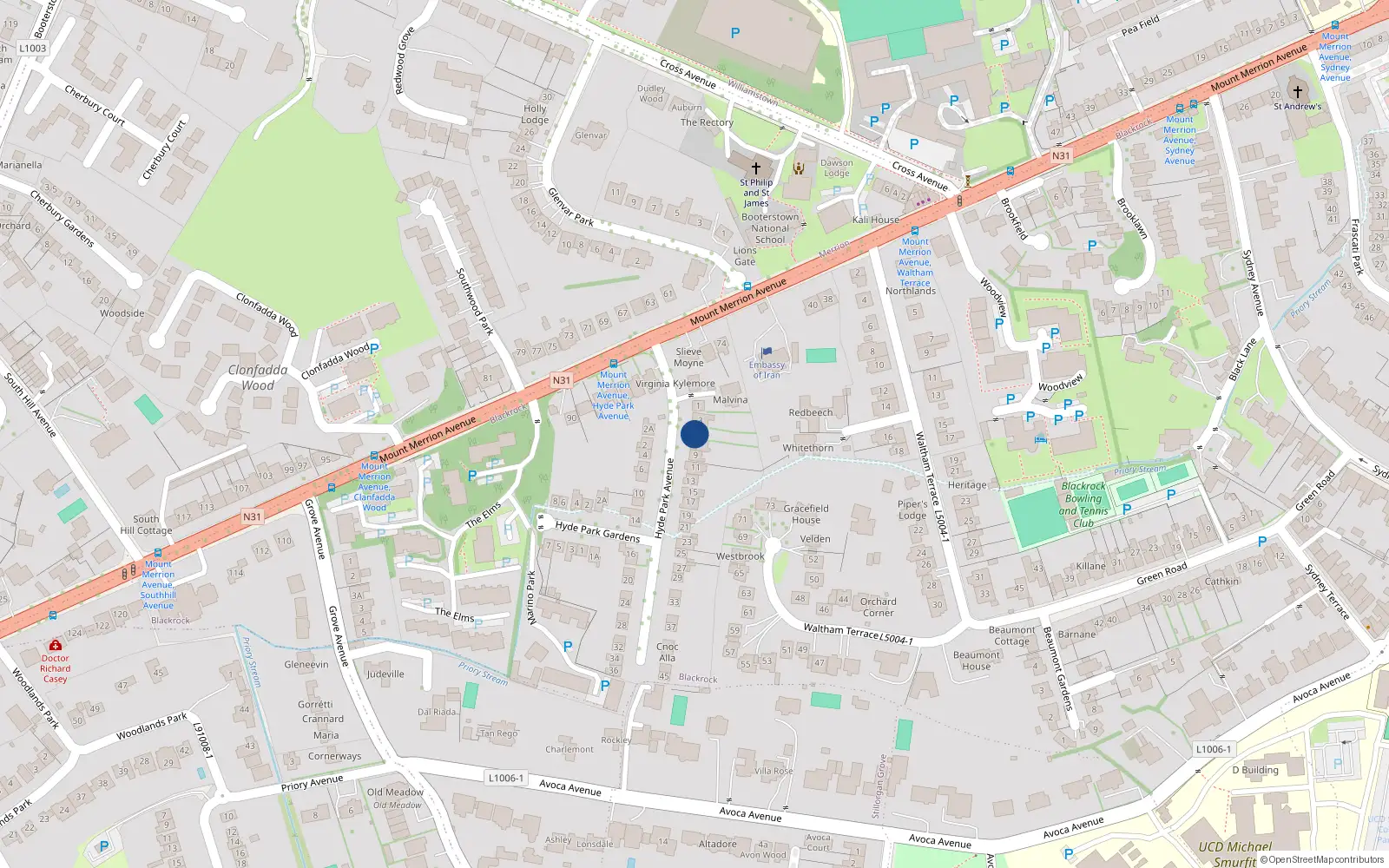 Overhead map showing the location of 5 Hyde Park Avenue, Blackrock, Dublin