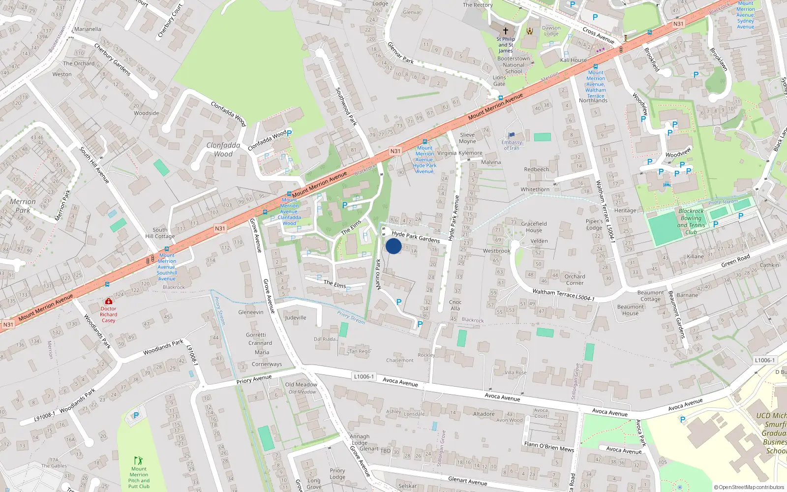 Overhead map showing the location of 5 Hyde Park Gardens, Blackrock, Dublin