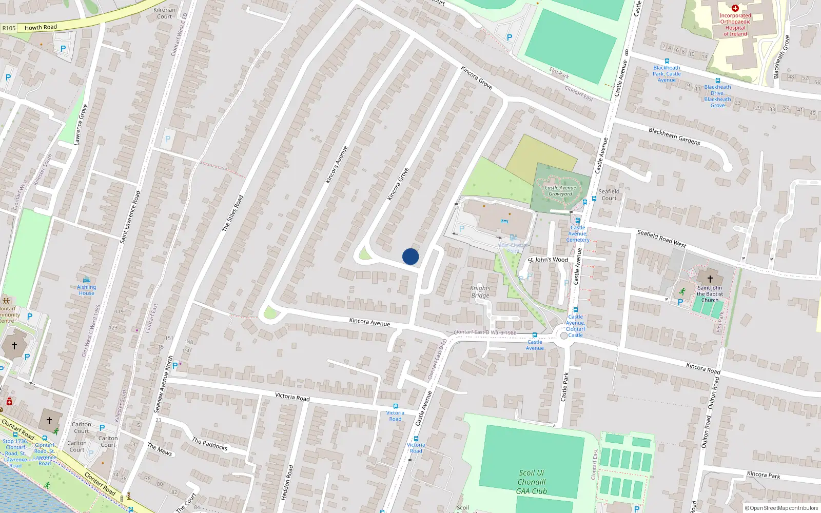 Overhead map showing the location of 5 Kilcora Grove, Clontarf, Dublin 3