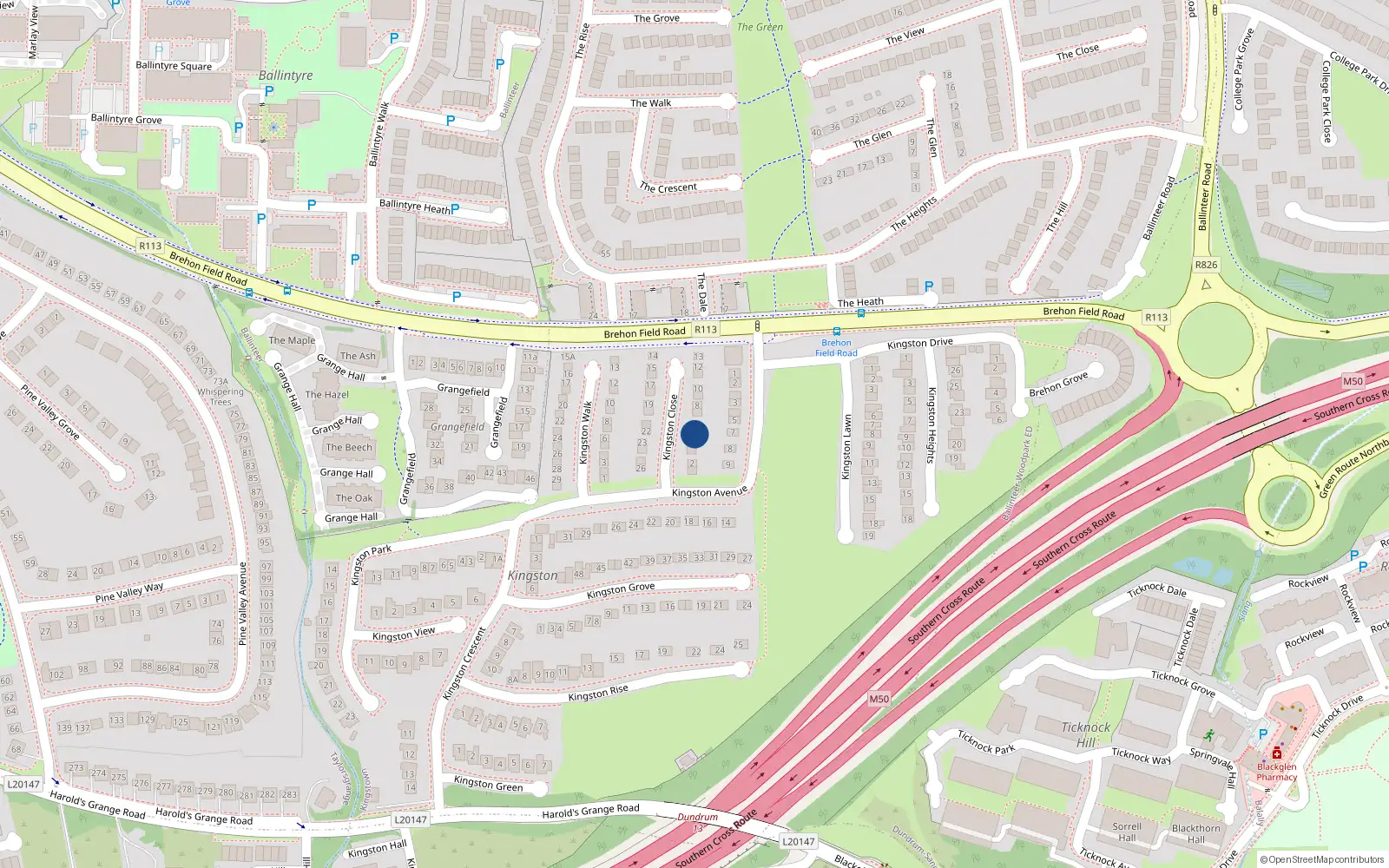 Overhead map showing the location of 5 Kingston Close, Dublin 16