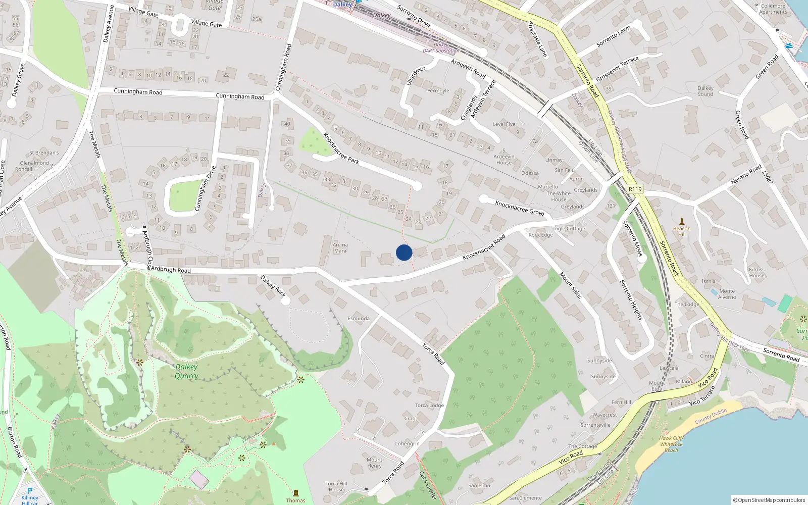 Overhead map showing the location of 5 Knock-Na-Cree Road, Dalkey