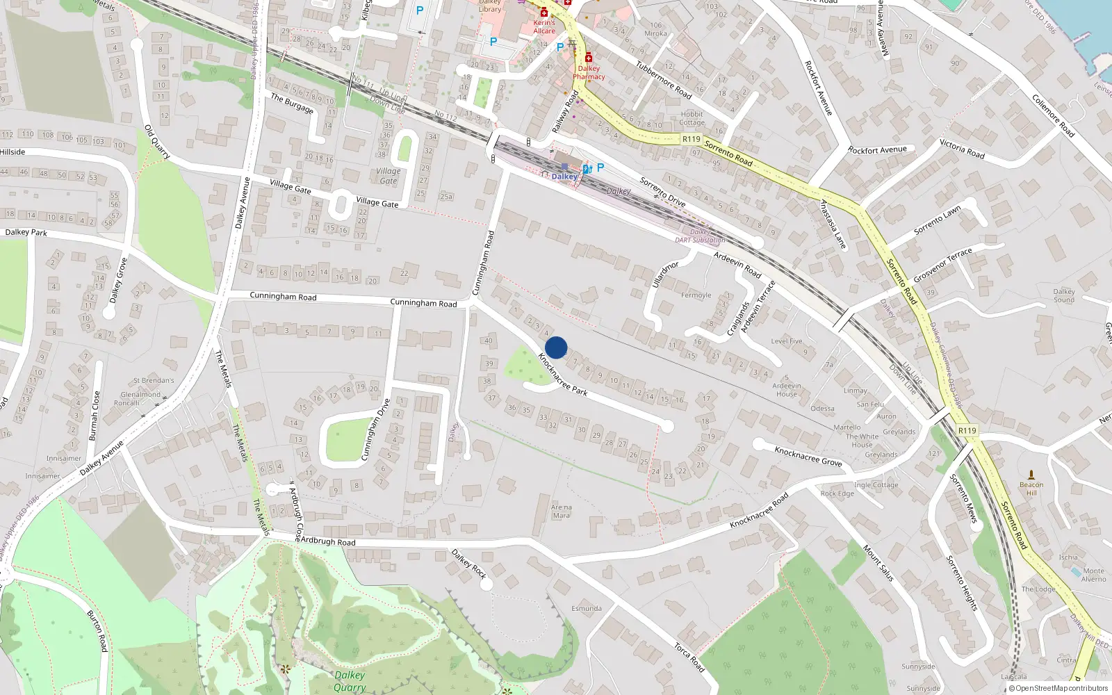 Overhead map showing the location of 5 Knocknacree Park, Dalkey, Dublin
