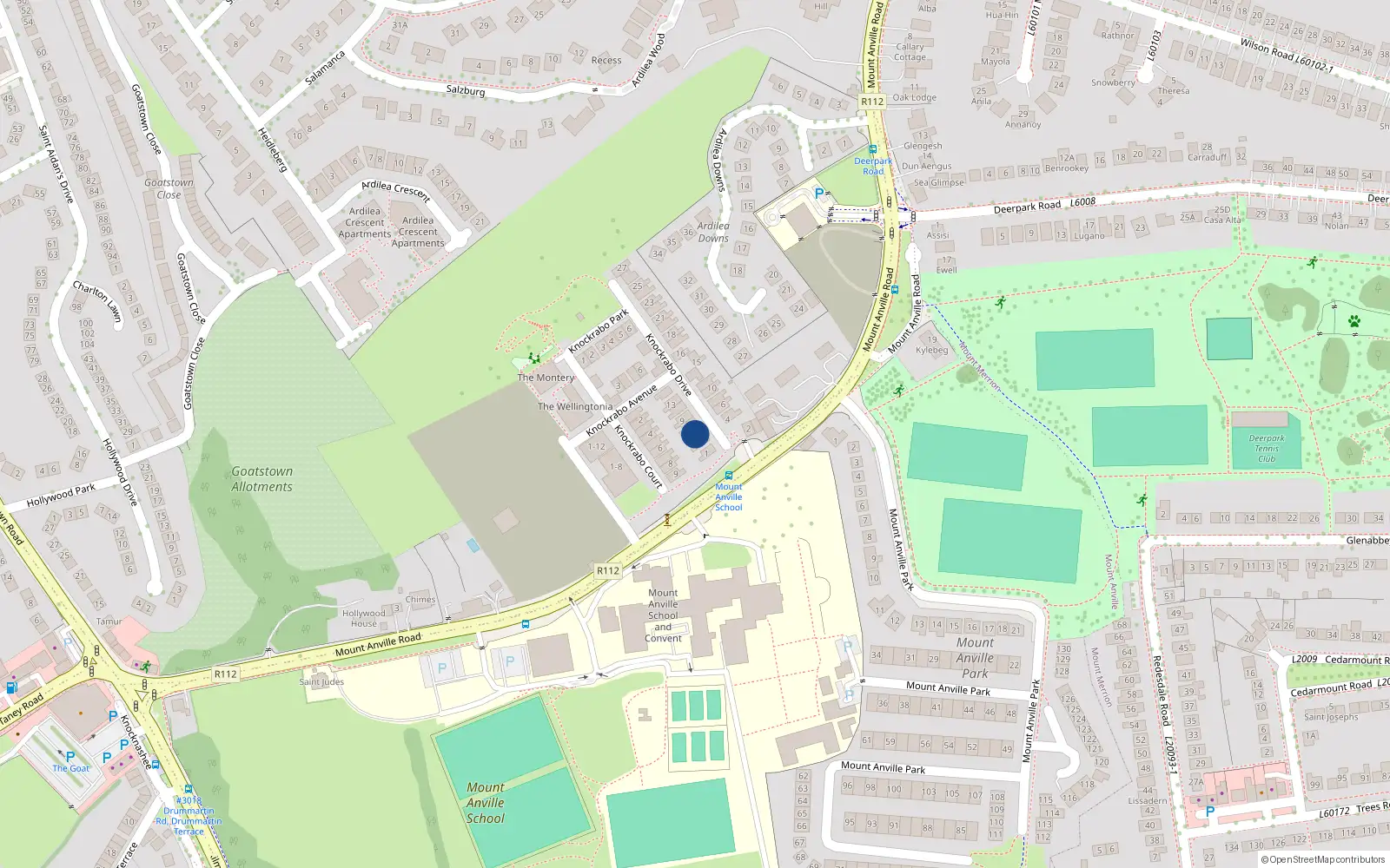 Overhead map showing the location of 5 Knockrabo Drive, Goatstown