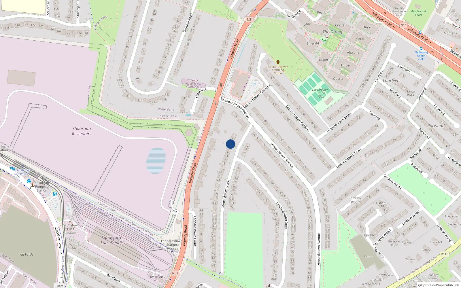 Overhead map showing the location of 5 Leopardstown Park, Stillorgan, Dublin