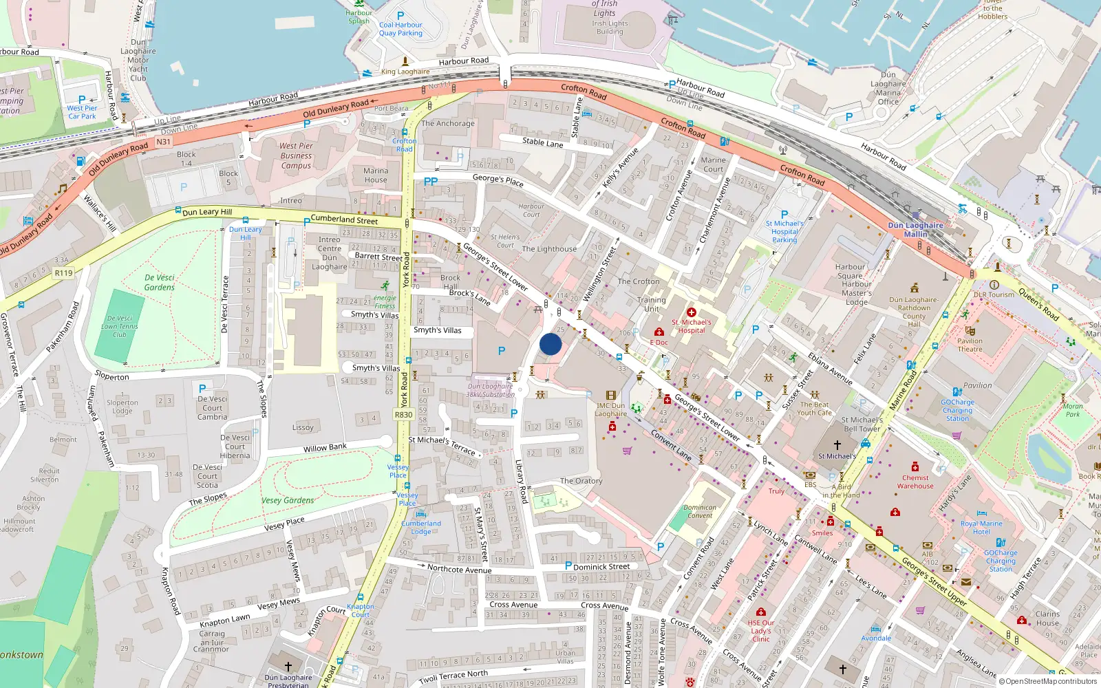 Overhead map showing the location of 5 Library Road, Dunlaoghaire