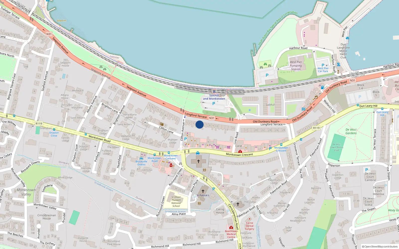 Overhead map showing the location of 5 Longford Terrace, Monkstown