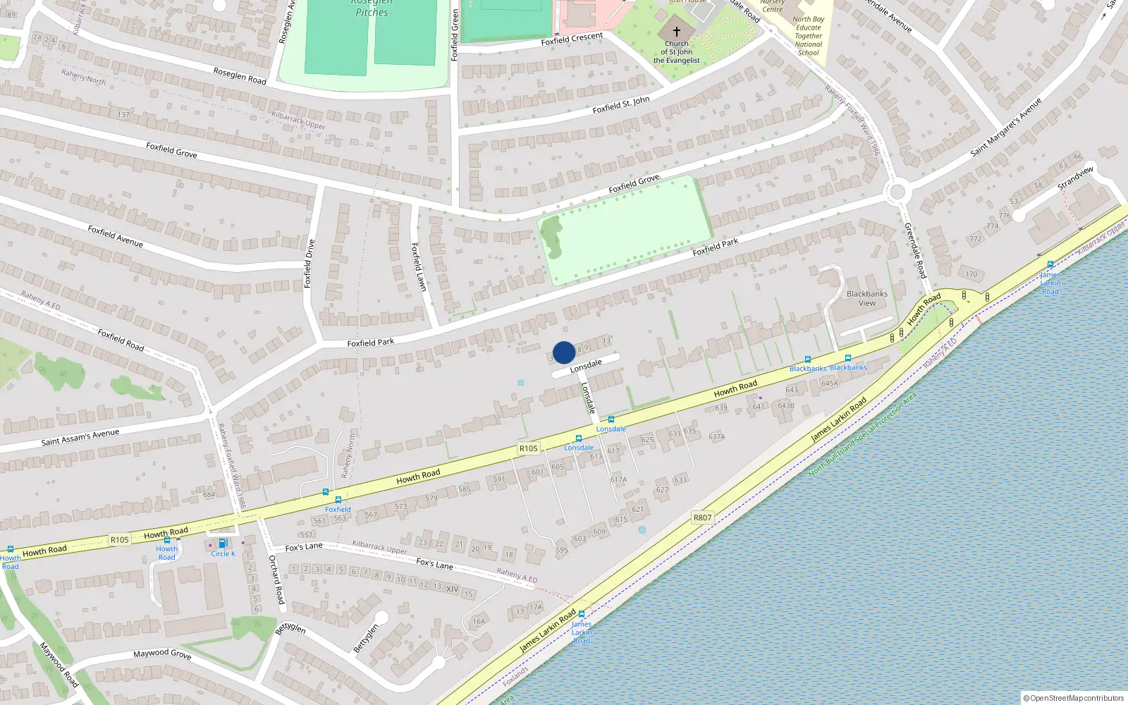 Overhead map showing the location of 5 Lonsdale, Howth Road, Raheny