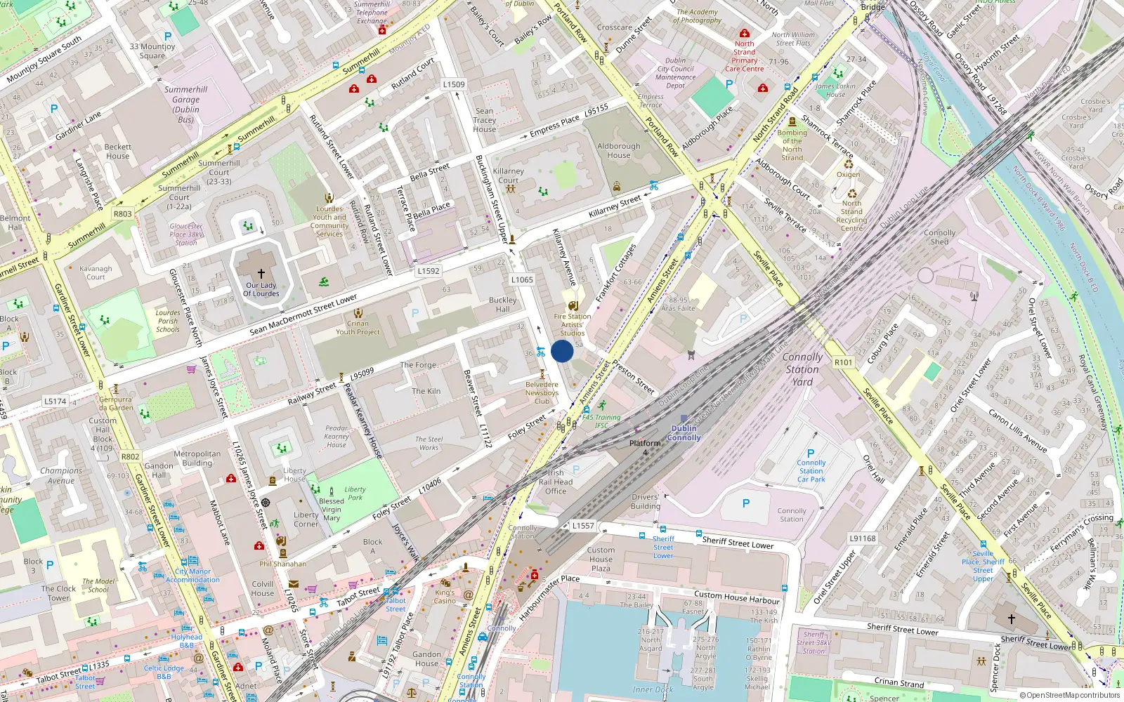 Overhead map showing the location of 5 Buckingham Street Lower, Dublin 1