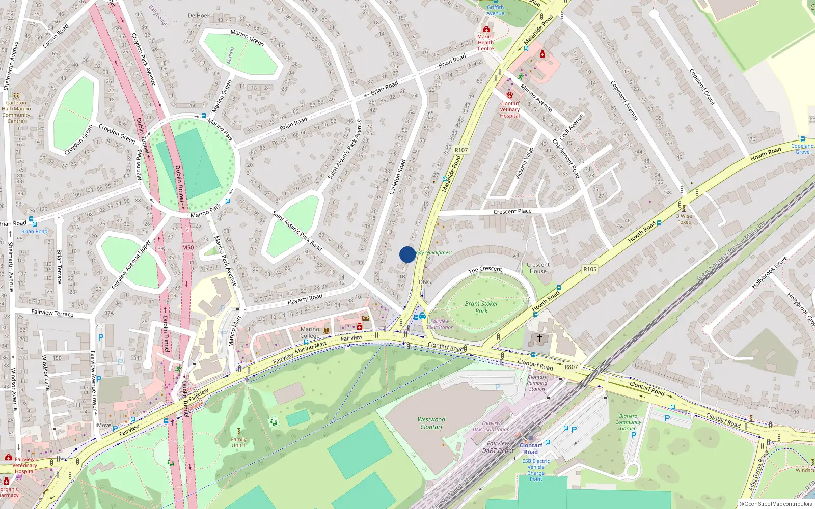 Overhead map showing the location of 5 Malahide Road, Marino, Dublin 3
