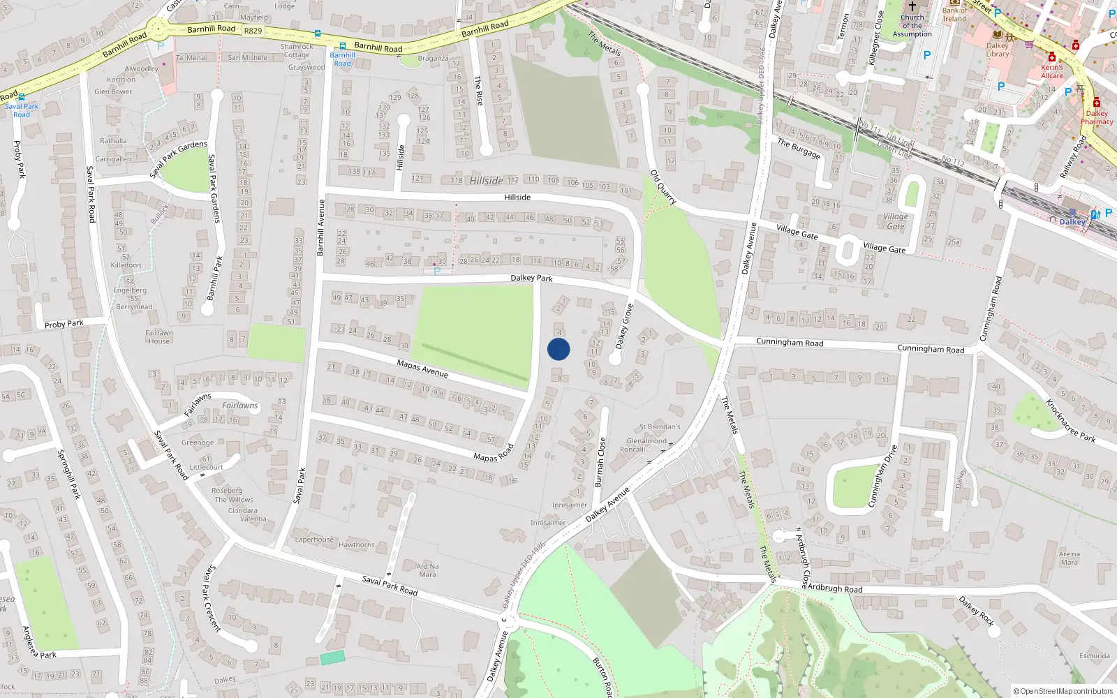 Overhead map showing the location of 5 Mapas Road, Dalkey, Dublin