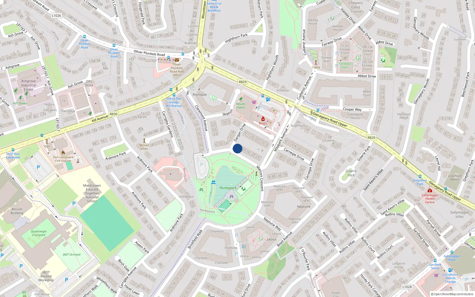 Overhead map showing the location of 5 Marconi Crescent, Dun Laoghaire