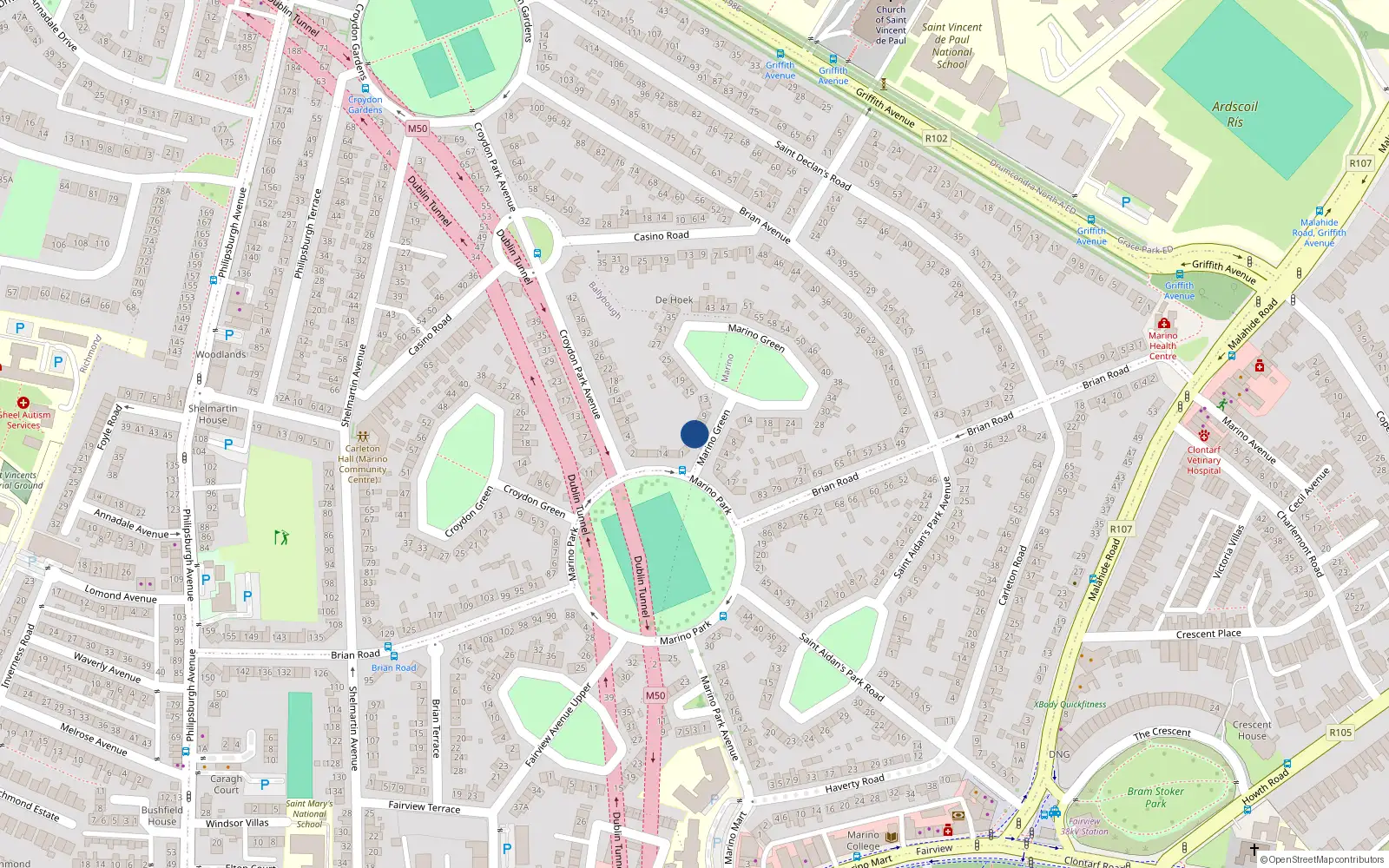 Overhead map showing the location of 5 Marino Green, Marino, Dublin 3