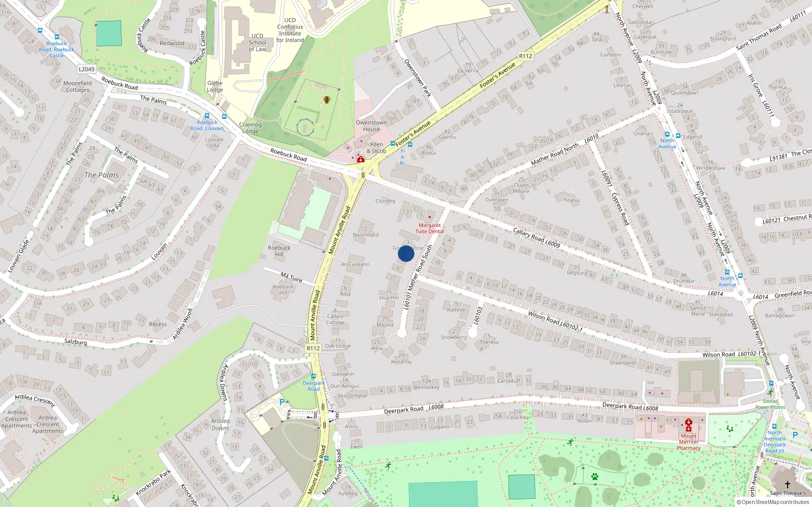 Overhead map showing the location of 5 Mather Road South, Blackrock