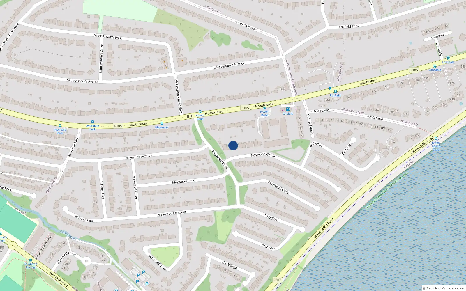 Overhead map showing the location of 5 Maywood Grove, Dublin 5