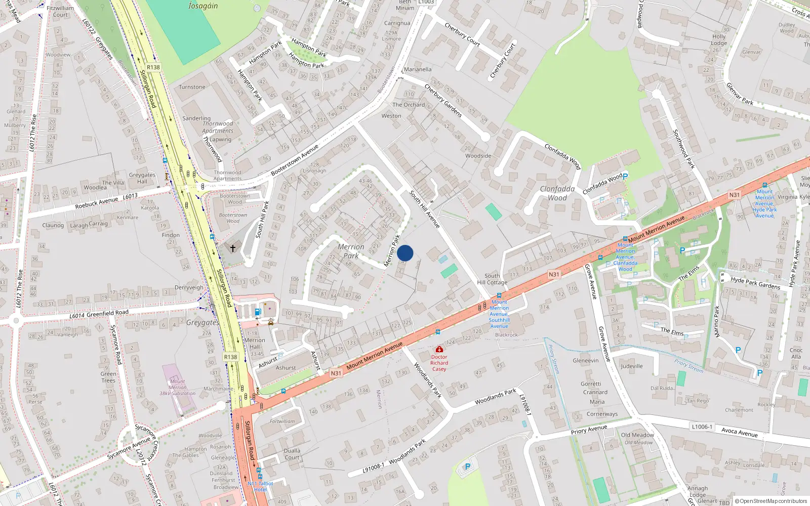 Overhead map showing the location of 5 Merrion Park, Blackrock