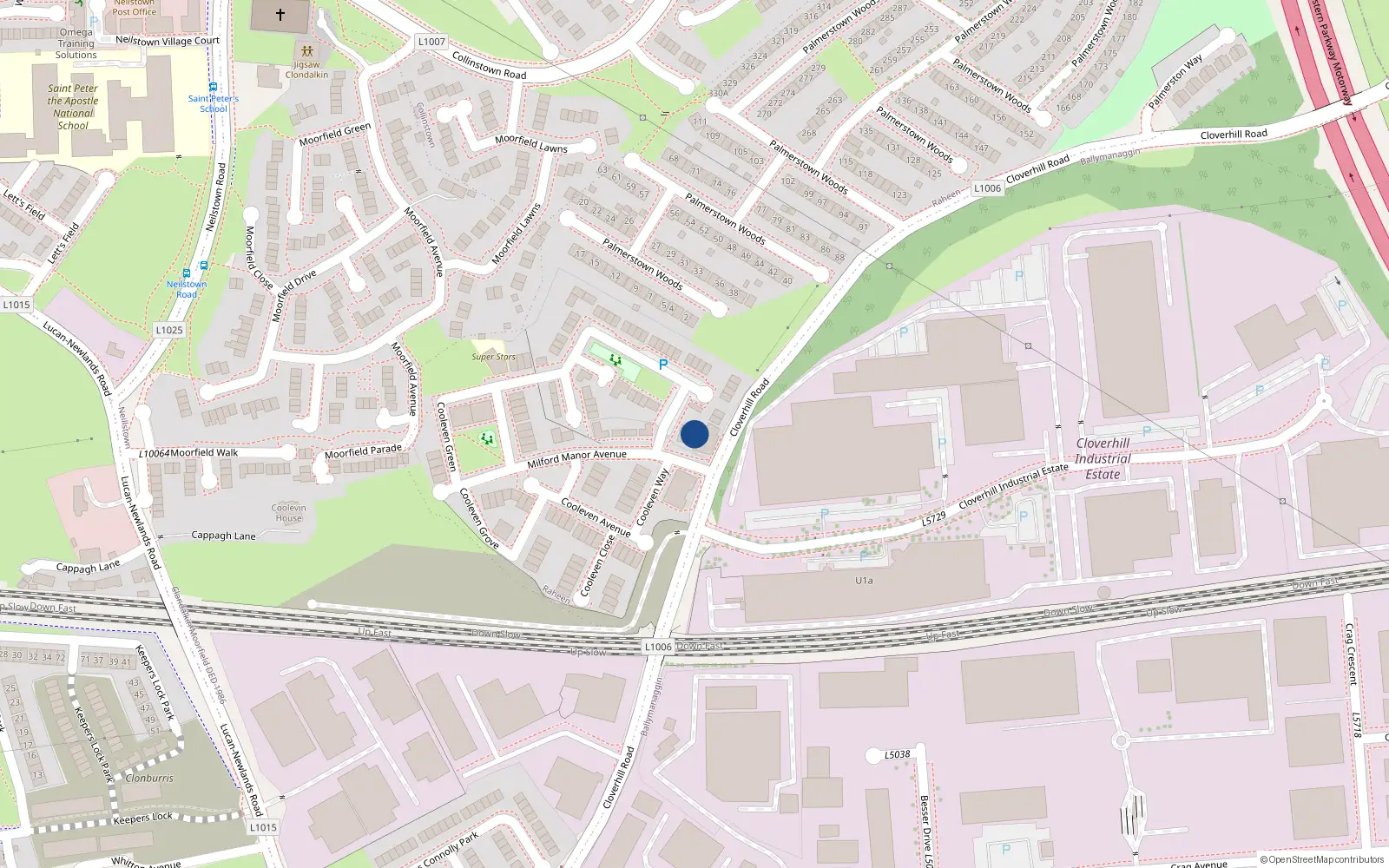 Overhead map showing the location of 5 Milford Manor Avenue, Dublin 22