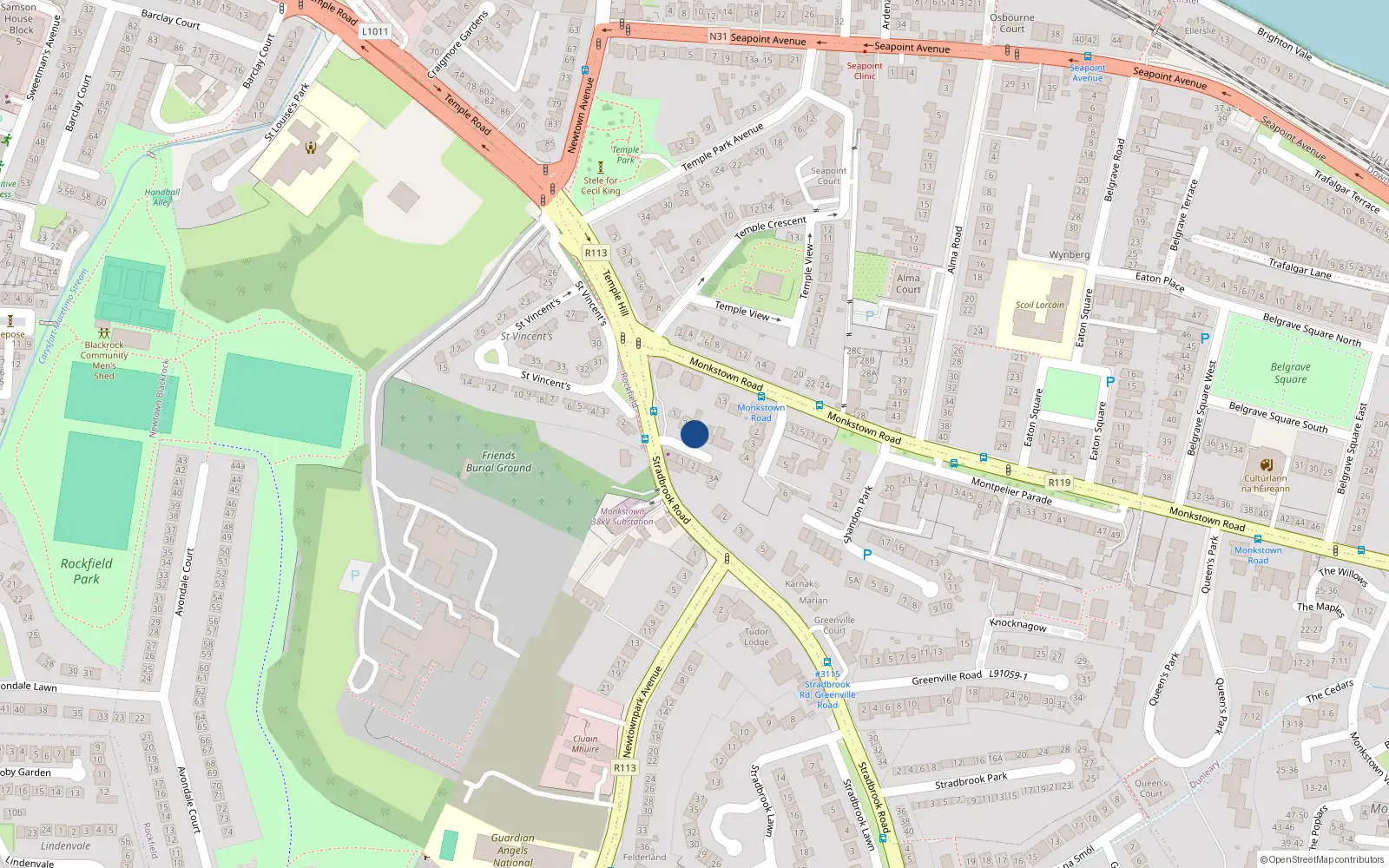 Overhead map showing the location of 5 Montpelier Place, Blackrock, Dublin