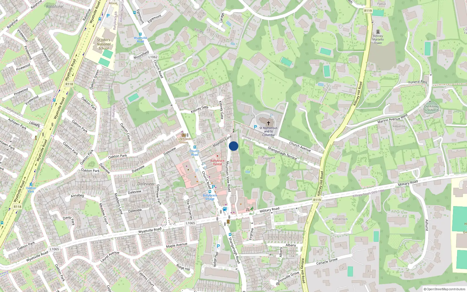 Overhead map showing the location of 5 Mountain View Road, Ballybrack, Dublin
