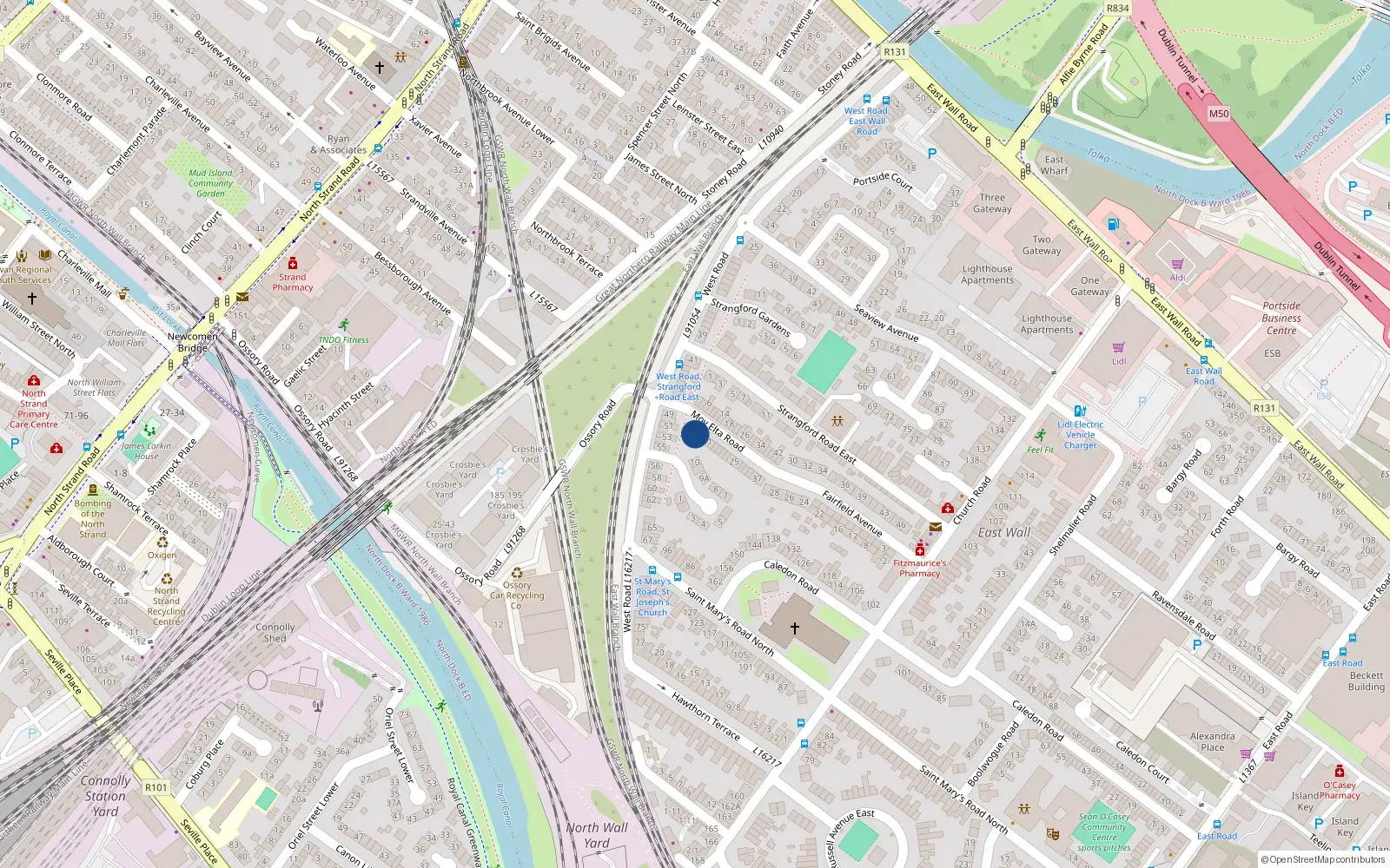 Overhead map showing the location of 5 Moy Elta Road, East Wall, Dublin 3