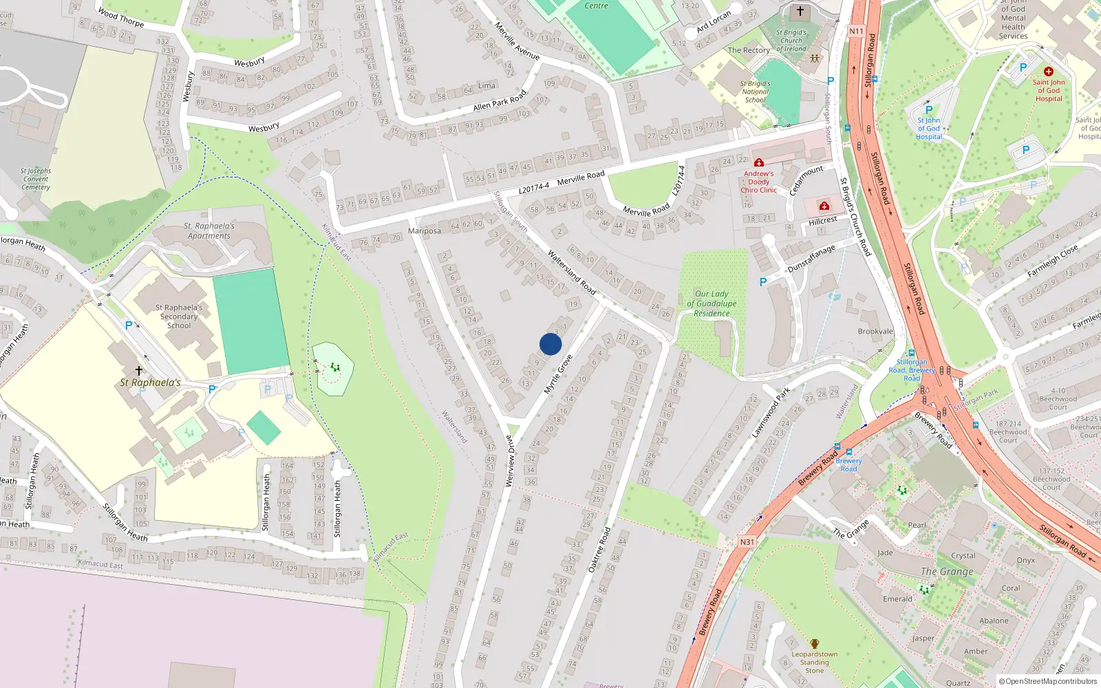 Overhead map showing the location of 5 Myrtle Grove, Blackrock