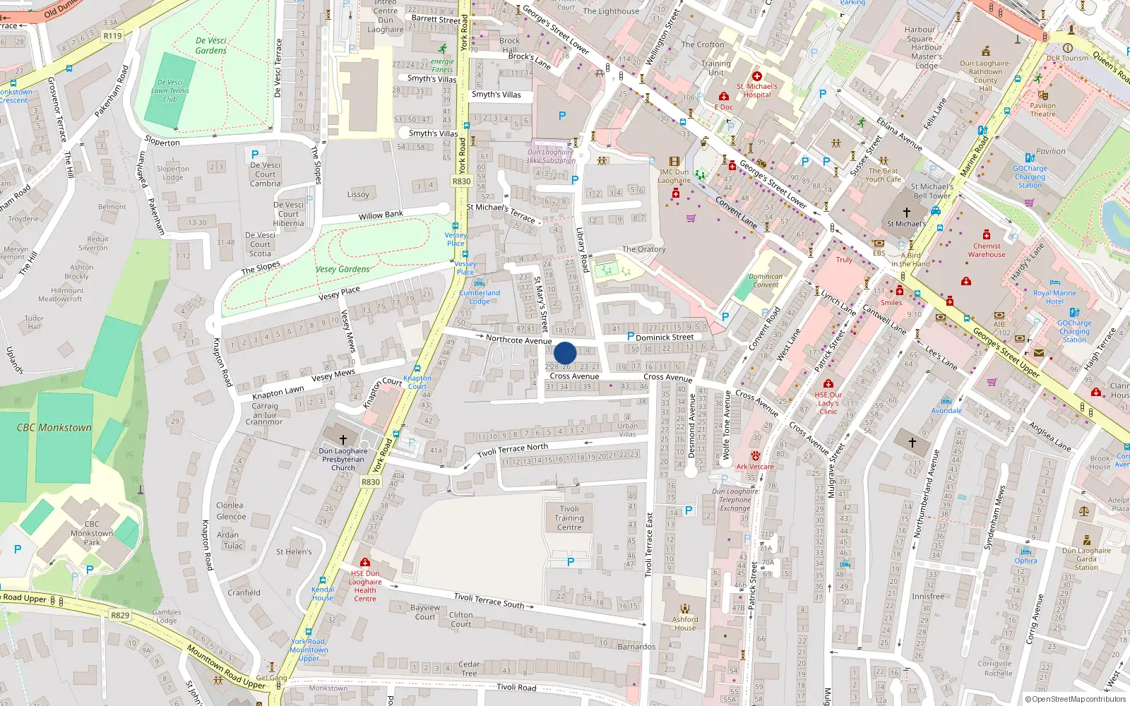 Overhead map showing the location of 5 Northcote Avenue, Dun Laoghaire, Dublin