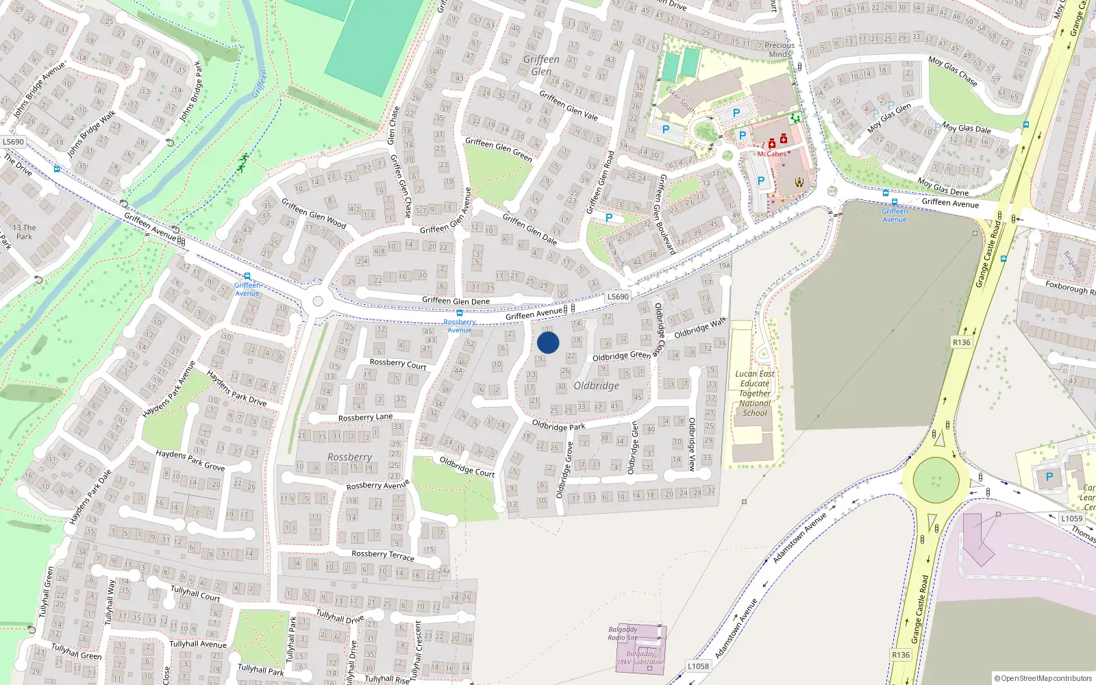 Overhead map showing the location of 5 Oldbridge Park, Lucan