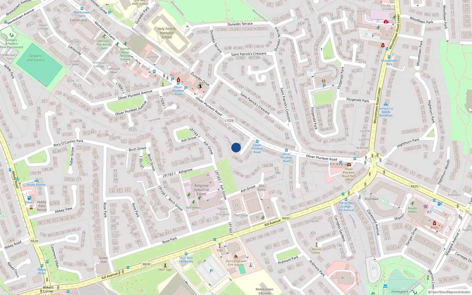 Overhead map showing the location of 5, 5 Oliver Plunkett Square, Monkstown