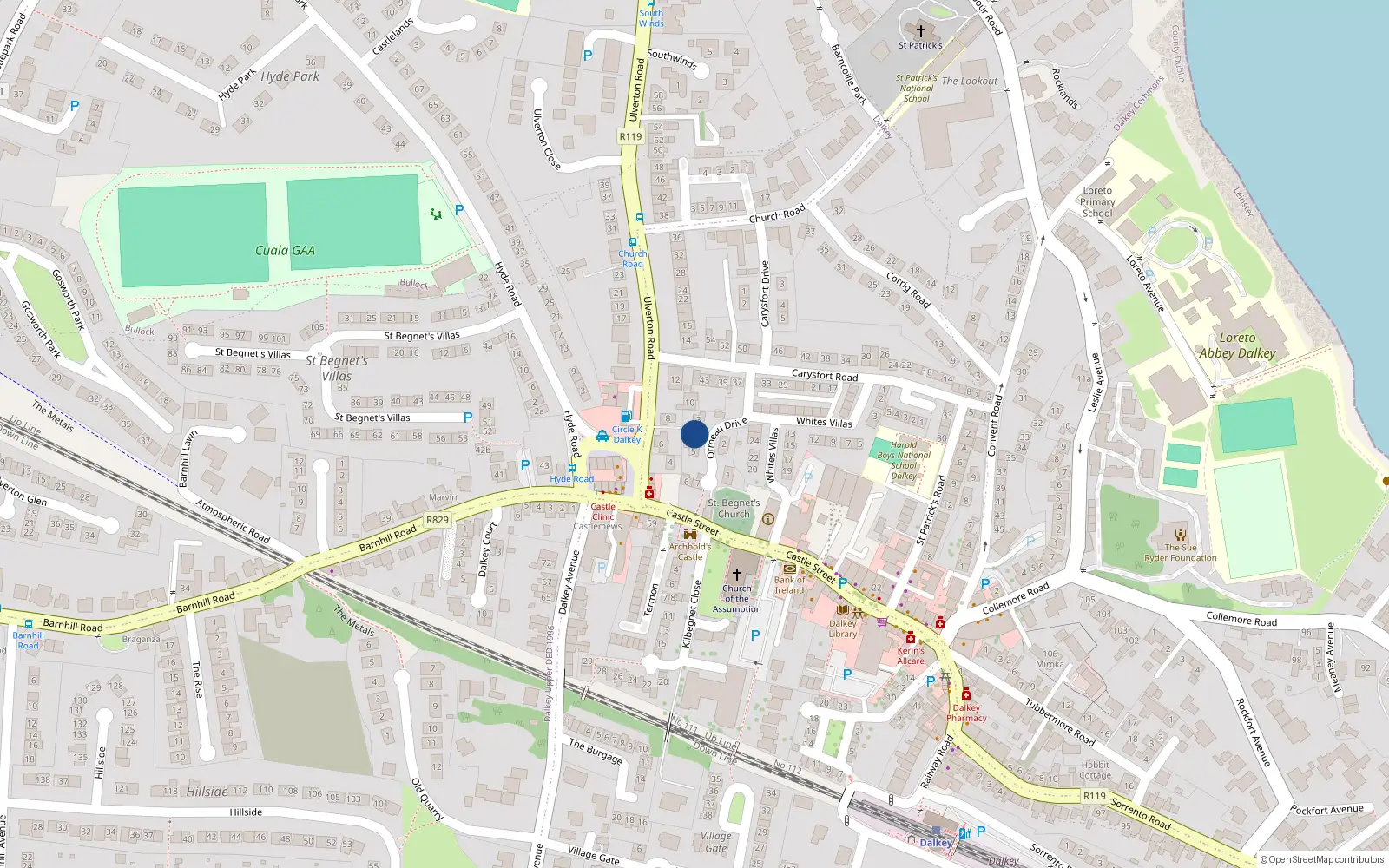 Overhead map showing the location of 5 Ormeau Drive, Dalkey