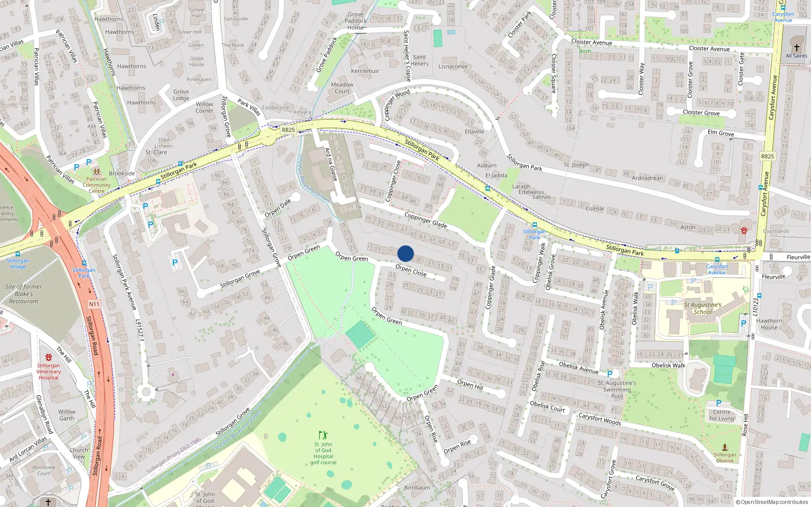 Overhead map showing the location of 5 Orpen Close, Stillorgan Grove, Blackrock