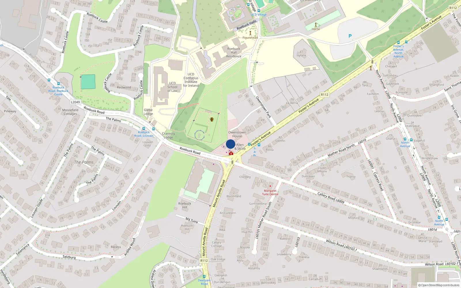 Overhead map showing the location of 5 Owenstown Lodge, Fosters Avenue, Mount Merrion