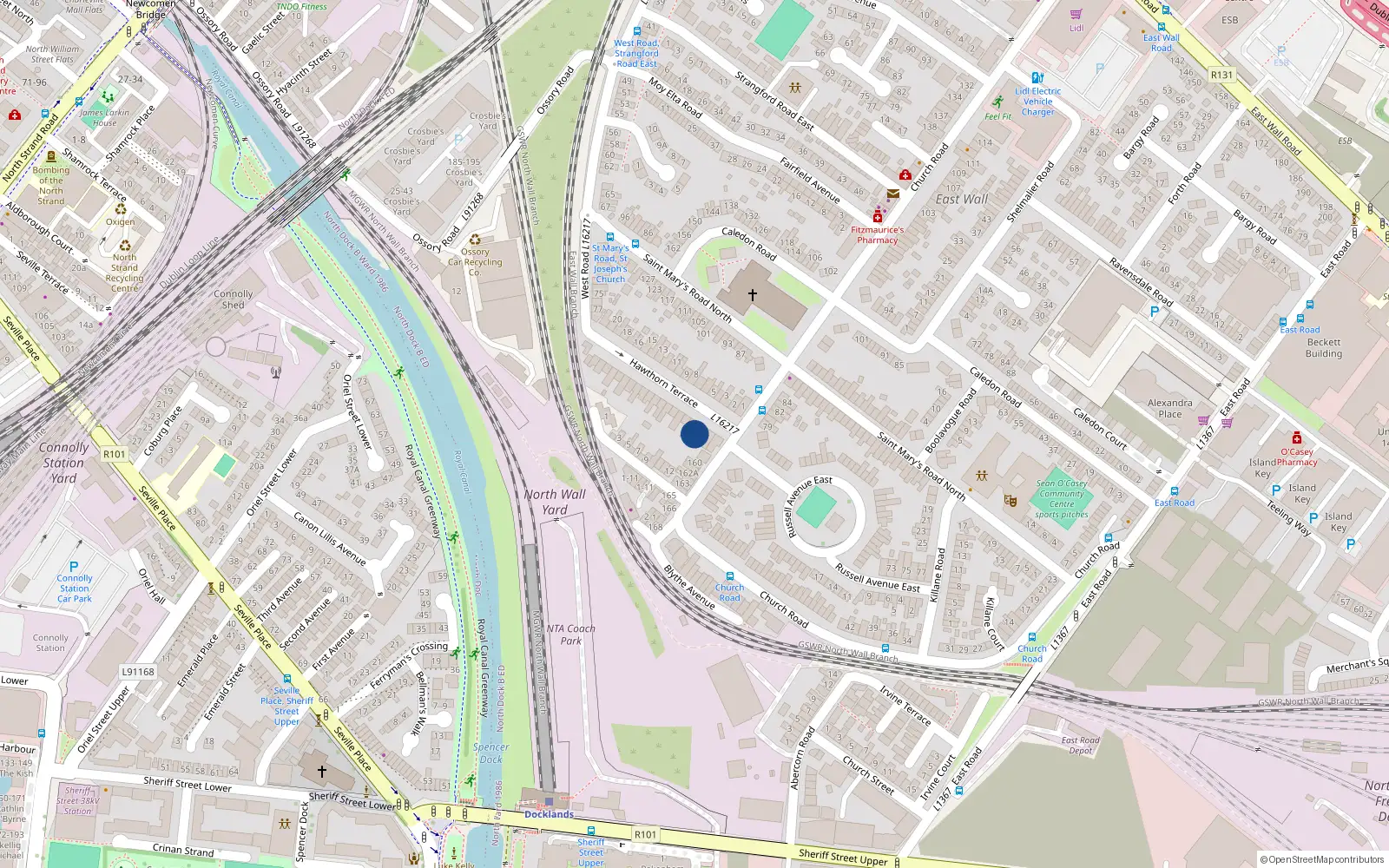 Overhead map showing the location of 5 Oxford Terrace, East Wall, Dublin