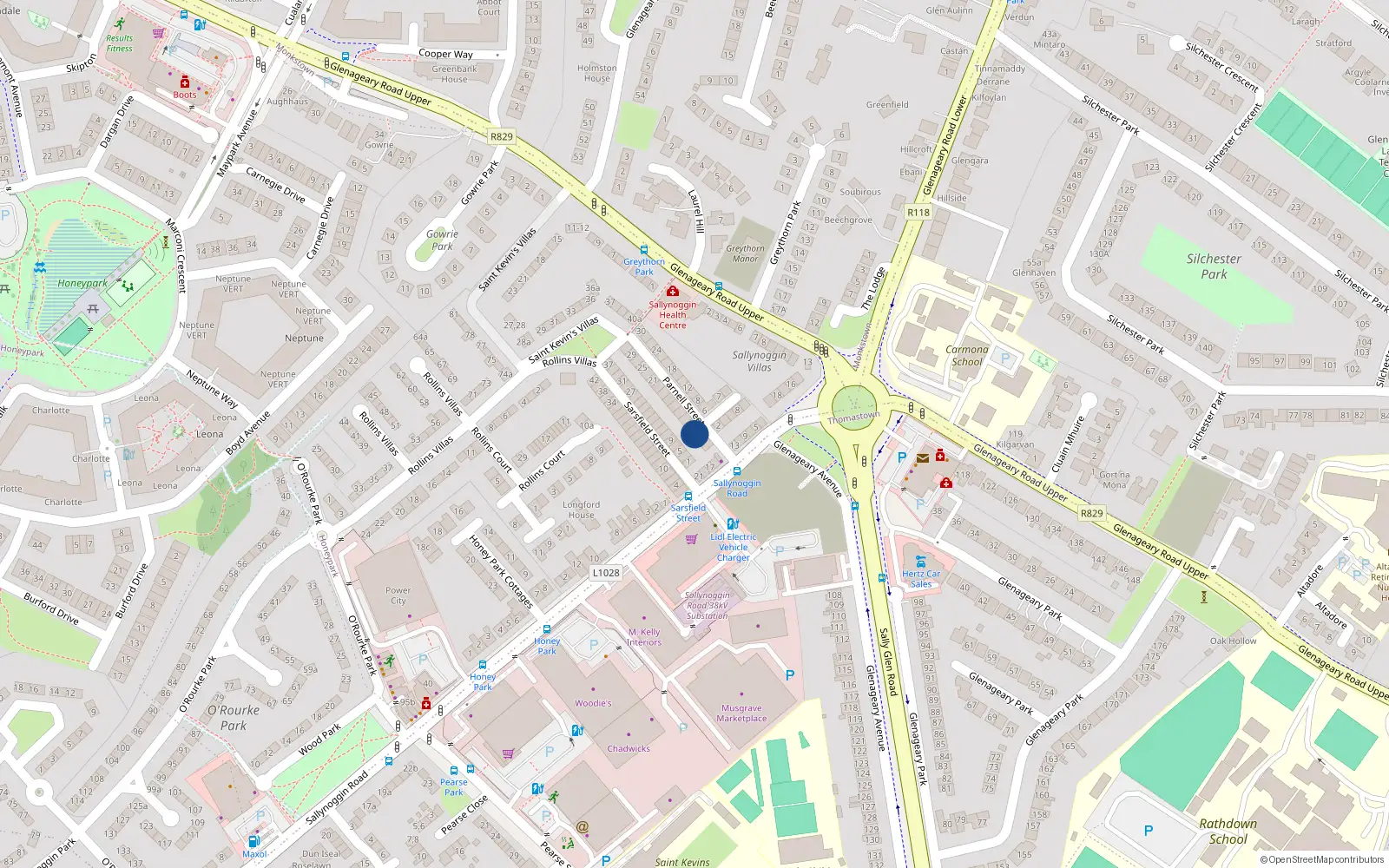Overhead map showing the location of 5 Parnell St, Sallynoggin, Dublin
