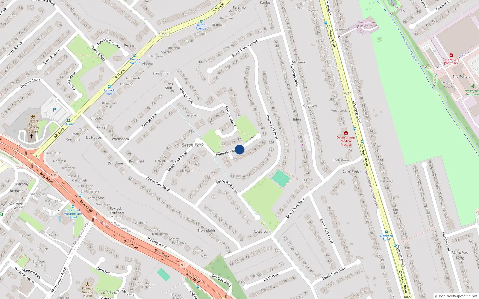 Overhead map showing the location of 5 Pembrin Wood, Foxrock