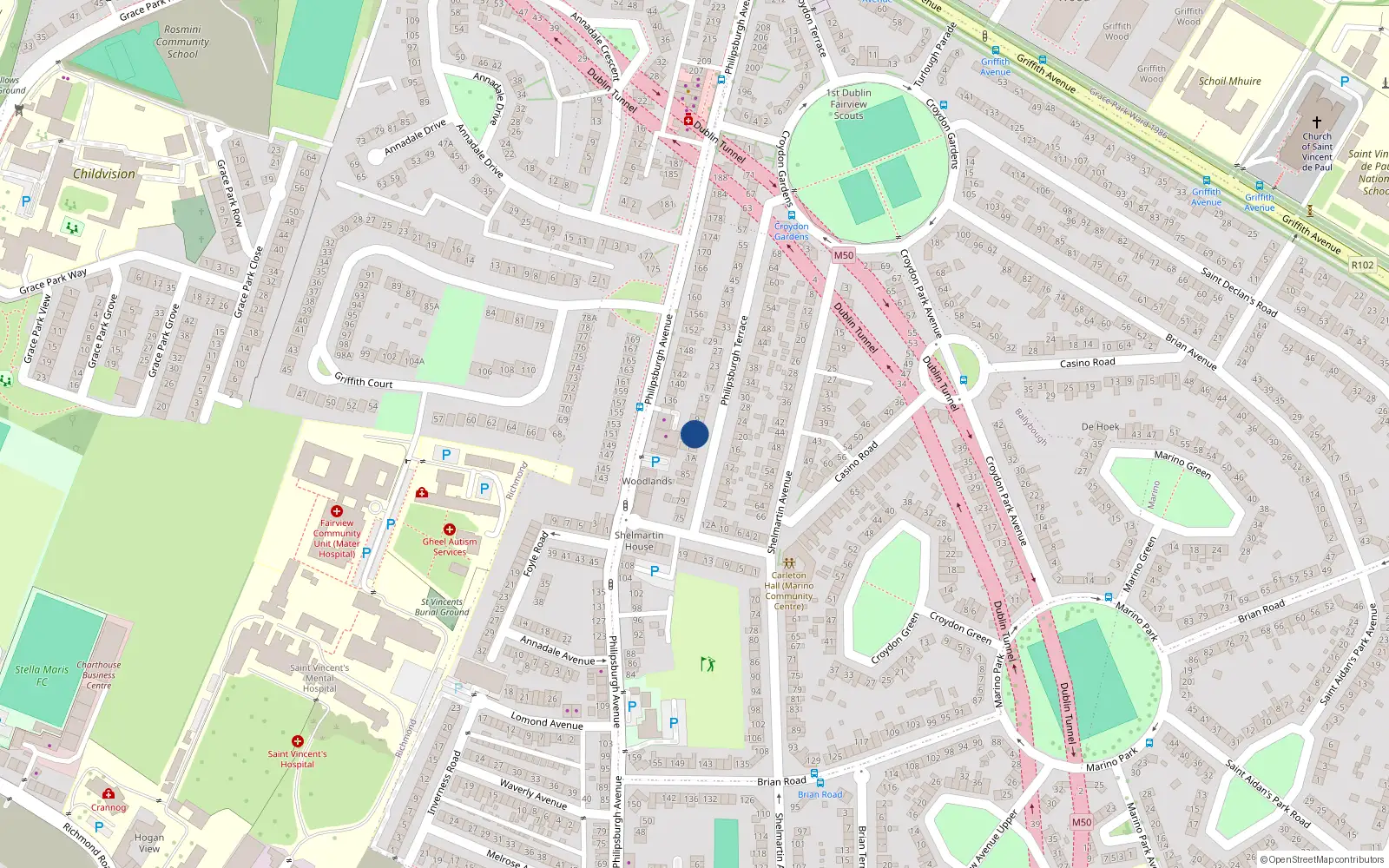 Overhead map showing the location of 5 Philipsburgh Terrace, Marino, Dublin 3