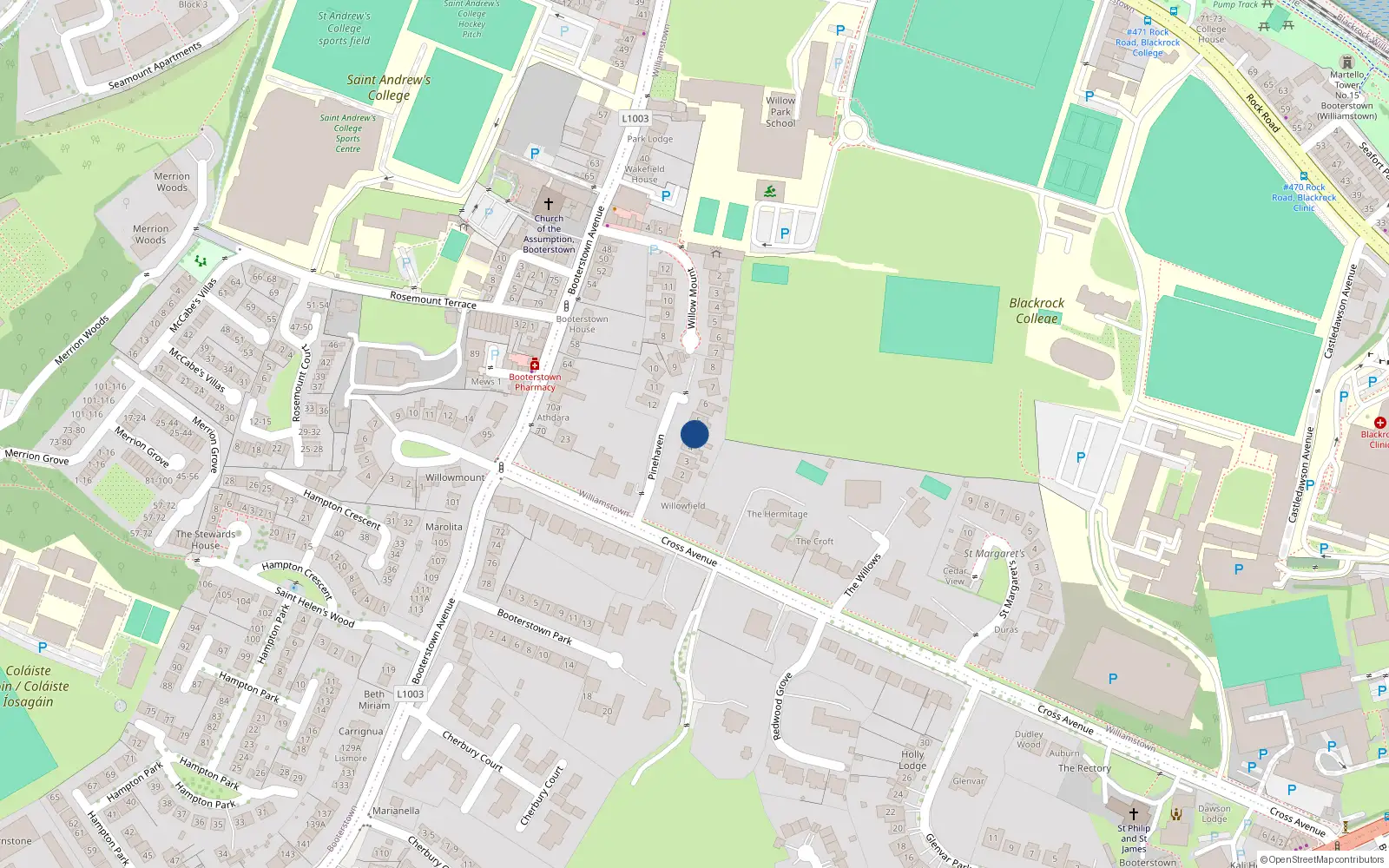 Overhead map showing the location of 5 Pinehaven, Cross Avenue, Blackrock