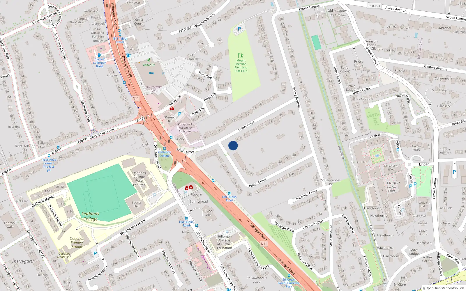 Overhead map showing the location of 5 Priory Drive, Stillorgan, Co Dublin